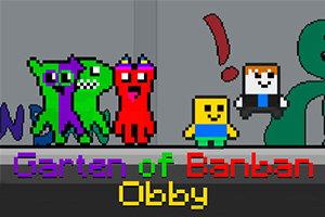 Pixelkunstfigurer i forskellige farver, inklusive en lilla og grøn figur, en rød figur, og en gul figur, med teksten Garten of Banban Obby i flerfarvede bogstaver nederst