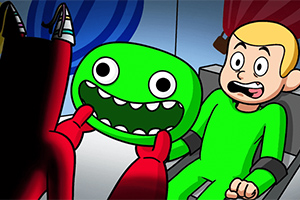 En animeret scene med en karakter i en grøn dragt, der ser forskrækket ud, mens en anden figur holder en stor grøn maske med et bredt smil