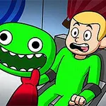 En animeret scene med en karakter i en grøn dragt, der ser forskrækket ud, mens en anden figur holder en stor grøn maske med et bredt smil
