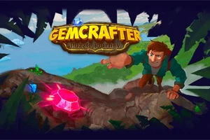 En mand klatrer en klippe for at nå en lysende pink ædelsten, omgivet af frodige grønne blade og med et logo øverst i billedet