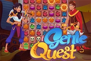 To an animerede figurer står foran et farverigt mønster af krukker og kranier med teksten Genie Quest i forgrunden