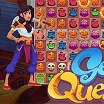 To an animerede figurer står foran et farverigt mønster af krukker og kranier med teksten Genie Quest i forgrunden
