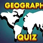 Kort over verden i hvid med teksten Geography Quiz i gul og rød skrift over og under kortet