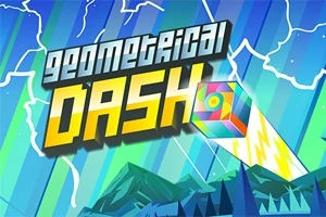 Farverigt geometrisk landskab med en kube og lyn i forgrunden under teksten Geometrical Dash