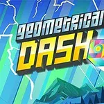 Farverigt geometrisk landskab med en kube og lyn i forgrunden under teksten Geometrical Dash