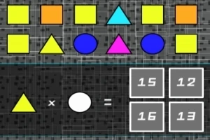 Farvede geometriske figurer arrangeret over en talopgave med fire mulige løsninger
