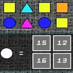Farvede geometriske figurer arrangeret over en talopgave med fire mulige løsninger