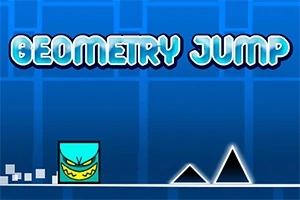 Et blåt kvadratisk ansigt med en vred grimasse bevæger sig mod sorte trekanter på en lyseblå baggrund med teksten GEOMETRY JUMP øverst