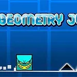 Et blåt kvadratisk ansigt med en vred grimasse bevæger sig mod sorte trekanter på en lyseblå baggrund med teksten GEOMETRY JUMP øverst
