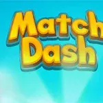 Orange tekst med ordene Match Dash på en blå baggrund med lyse stråler