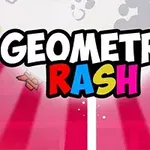 Titel Geometry Rash i farverige bogstaver med en rødstribet baggrund og en raket til venstre