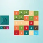 Titlen GET 10 ULTIMATE ved siden af et spilgitter med farvede og nummererede firkanter på en blå baggrund