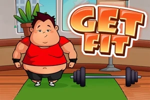 En tegneseriefigur i en rød trøje står på en grøn træningsmåtte ved siden af en vægtstang, med teksten Get Fit i baggrunden