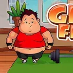 En tegneseriefigur i en rød trøje står på en grøn træningsmåtte ved siden af en vægtstang, med teksten Get Fit i baggrunden