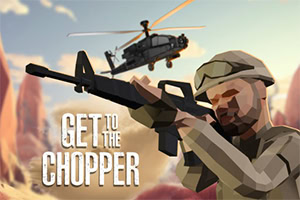 Soldat med gevær står i fokus, mens en helikopter svæver i baggrunden med teksten Get to the Chopper vist til venstre