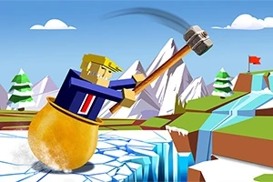 En figur med ternet krop og blondt hår sidder i en kedel og svinger en stor hammer over et landskab med sneklædte bjerge og en rød flag