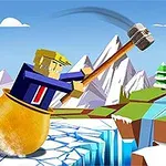 En figur med ternet krop og blondt hår sidder i en kedel og svinger en stor hammer over et landskab med sneklædte bjerge og en rød flag