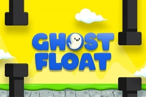 Farverigt scene med ordene Ghost Float skrevet i blå tekst mod en gul baggrund med skyer og sorte søjler