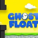 Farverigt scene med ordene Ghost Float skrevet i blå tekst mod en gul baggrund med skyer og sorte søjler