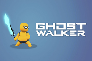 Gul karakter med et blåt lysende sværd ved siden af teksten Ghost Walker på en blå baggrund