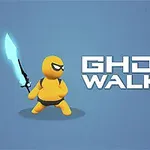 Gul karakter med et blåt lysende sværd ved siden af teksten Ghost Walker på en blå baggrund
