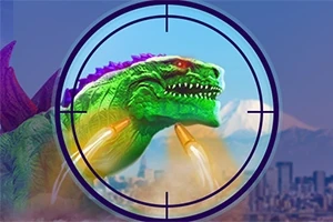 En grøn dinosaur med røde øjne og lilla pigge bliver sigtet på i et bylandskab, mens raketter nærmer sig den