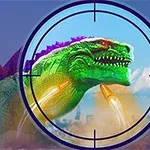 En grøn dinosaur med røde øjne og lilla pigge bliver sigtet på i et bylandskab, mens raketter nærmer sig den
