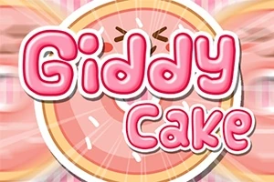 Teksten Giddy Cake i lyserøde bogstaver over en tegning af en smilende kage med lysebrun kant