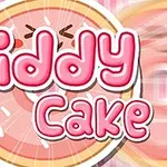 Teksten Giddy Cake i lyserøde bogstaver over en tegning af en smilende kage med lysebrun kant