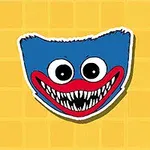 Et blåt, pelsklædt, trekantet ansigt med store runde øjne og et bredt rødt smil med skarpe tænder, på en gulternet baggrund