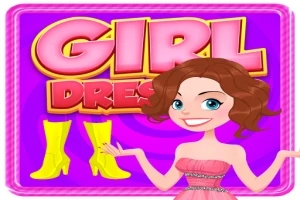 Tegneseriefigur i pink kjole ved siden af store gule bogstaver på en pink baggrund med et par gule støvler