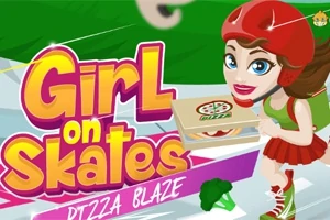 En pige på rulleskøjter med hjelm bærer en pizzaboks, omgivet af farverige grafiske elementer og teksten Girl on Skates