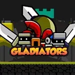 Tegning af to figurer med hjelme og sværd foran en borgbaggrund med teksten GLADIATORS
