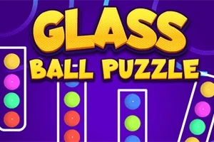 Farverige kugler i glasrør med teksten Glass Ball Puzzle på en lilla baggrund