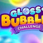 Farverige bobler og teksten Glossy Bubbles Challenge på en lyseblå baggrund