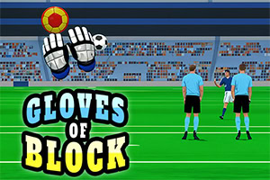 To fodboldspillere på en grøn bane med tegneseriehandsker, en fodbold og teksten Gloves of Block i forgrunden, samt en tribune i baggrunden