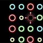 Rækker af flerfarvede cirkler arrangeret omkring en central cirkel med et sigtekornsmønster på sort baggrund