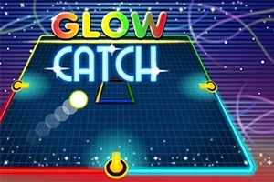 Neonlysende grafik med ordene Glow Catch på en futuristisk blå baggrund med linjer og stjerner