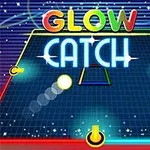 Neonlysende grafik med ordene Glow Catch på en futuristisk blå baggrund med linjer og stjerner