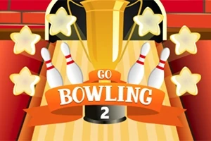 Et gyldent trofæ omgivet af bowlingkegler og stjerner med teksten Go Bowling 2