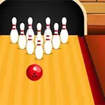 Rød bowlingkugle ruller mod en gruppe hvide kegler på en bowlingbane