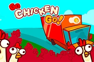 Røde og hvide høns står i buske foran en rød lastbil med teksten Go Chicken Go!