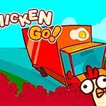 Røde og hvide høns står i buske foran en rød lastbil med teksten Go Chicken Go!
