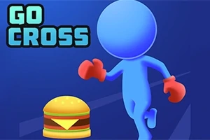 Blå figur med røde vanter løber mod en burger på en blå baggrund med teksten GO CROSS