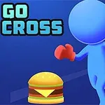Blå figur med røde vanter løber mod en burger på en blå baggrund med teksten GO CROSS