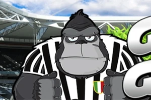 Tegnet gorilla iført sort-hvid stribet trøje på en stadionbaggrund