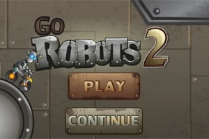 Titelmenu med teksten Go Robots 2, en tegnet robotfigur og knapperne Play og Continue på en metalbaggrund