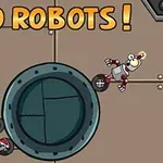 To robotter på hjul bevæger sig på brun baggrund med teksten GO ROBOTS!