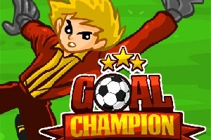 Tegneseriefigur i rød sportsdragt med gyldent hår og handsker strækker sig ud foran teksten Goal Champion med en fodbold