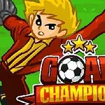 Tegneseriefigur i rød sportsdragt med gyldent hår og handsker strækker sig ud foran teksten Goal Champion med en fodbold